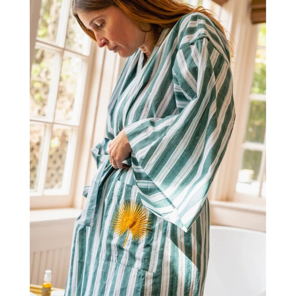LEKHA X The Chloe‎ Robe Organic Cotton Green Stripes One Size Fits Most RARE
